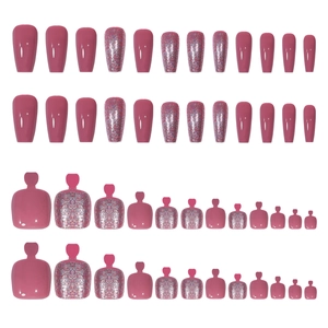 Kit de faux ongles œil de chat rose pour mains et pieds avec finition pailletée