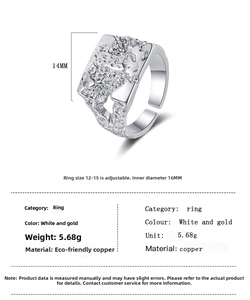 Detailed spec sheet of an irregular lava texture wide band ring in silver finish