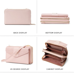 Pink crossbody phone wallet with multi-card slots and double-layer zipper detail