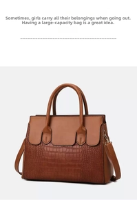 Detail showing brown leather tote bag with unique wave-edge flap and gold hardware