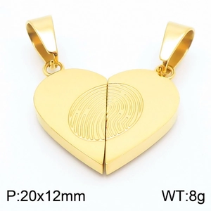 Detail of gold heart pendant with fingerprint texture and 20x12mm size specifications