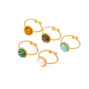 Set of five adjustable 18K gold plated stainless steel rings with colorful natural stones