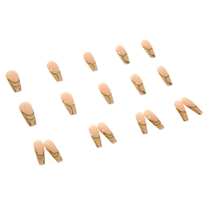 Long coffin fake nails with green swirl patterns and pearl accents on pink base