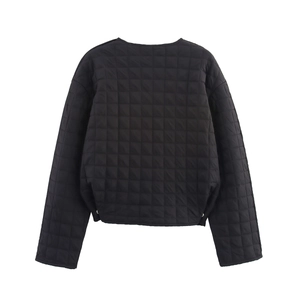 Rear view of black quilted puffer jacket featuring classic square stitching patterns