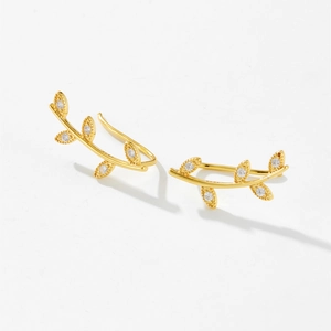 Minimalist S925 sterling silver leaf studs with gold plating and white zircon accents