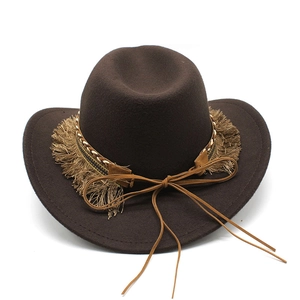 Detail of dark brown cowboy felt hat featuring decorative fringe and woven textures