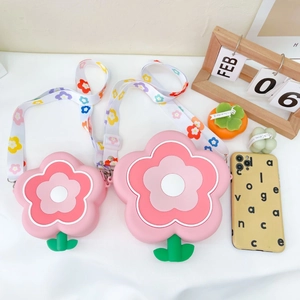 Pink camellia silicone crossbody bag set for girls with colorful floral strap