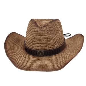 Chapeau de cowboy en paille unisexe avec dégradé, bandeau en cuir et tête de taureau
