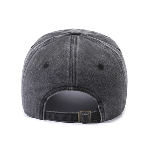 Vintage washed dark grey cotton baseball cap featuring adjustable bronze metal buckle back