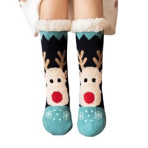 Navy blue Christmas socks with reindeer patterns and thick white fleece lining