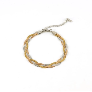 Detailed view of tricolor braided titanium steel bracelet in gold, silver and rose gold