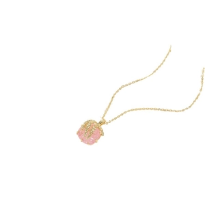 Elegant gold chain necklace featuring a pink raw stone pendant with liquid metal accents