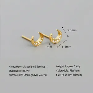 Fashionable S925 sterling silver moon stud earrings with sparkling zircon stones