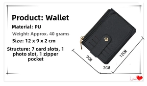 Detailed size specifications of the PU leather wallet with multiple card slots and zipper