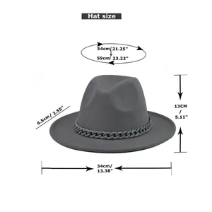 Size chart for gray wool fedora hat with chain, showing head circumference and brim width