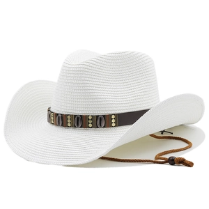 White straw cowboy hat with shell leather band and chin strap for beach sun protection