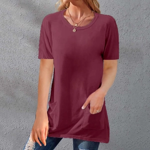 Detailed view of women's burgundy crewneck t-shirt featuring two functional side pockets