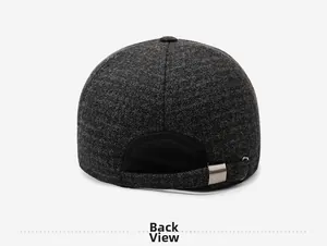Detailed back view of a grey wool baseball cap showing the premium metal buckle closure