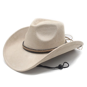 Classic cream faux suede western cowboy hat with brown braided band and wind rope