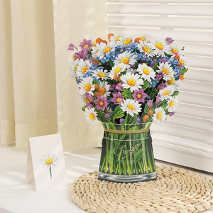 Detail of 3D pop-up paper bouquet with chamomile and asters in a Fresh Flowers vase