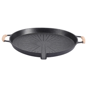 Non-stick Korean Maifan stone round grill pan with twine-wrapped handles for BBQ
