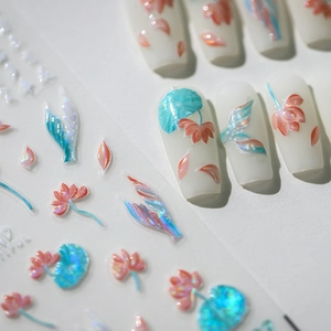 3D embossed lotus nail stickers with iridescent aurora finish and blue pink gradient