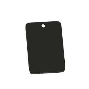 Detailed close-up of a black rectangular mirror stainless steel tag with center hole