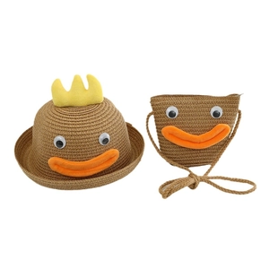 Ensemble chapeau de paille et sac bandoulière pour enfant avec motif canard et couronne