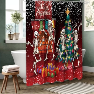 Detail of Christmas shower curtain featuring dancing skeletons and Merry Christmas text