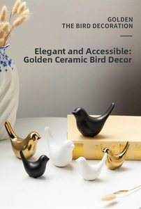 Modern ceramic bird figurines in gold, black, and white for minimalist home decor