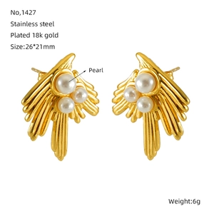 Details zu fächerförmigen Edelstahl-Ohrringen mit 18k Vergoldung und Perlen, Größe 26x21mm