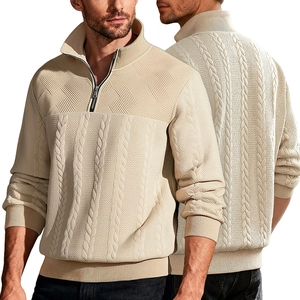 Men's retro half-zip sweater in beige featuring waffle and cable knit textures