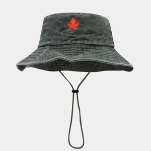 Detail of red maple leaf embroidery on charcoal grey washed cotton bucket hat with cord