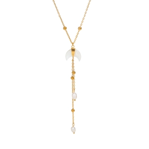Gold moon pendant necklace with pearls and tiny beads on a minimalist steel chain