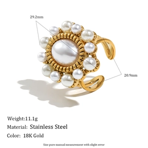 18K gold plated stainless steel ring featuring pearl cluster and open olive leaf design