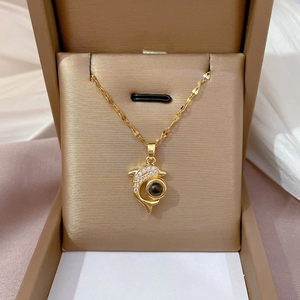 Collier dauphin en acier titane avec pierre de projection et zircon en boîte cadeau