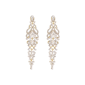 Elegant gold tassel earrings with sparkling rhinestones and pear-shaped gems in palace style