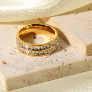 Double Row Zircon Ring Stainless Steel 18K Gold Plated Cubic Zirconia Elegant Fashion Finger Jewelry For Women
