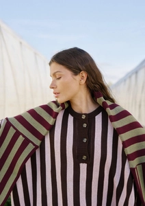Close-up of colorful striped knit sweater showing buttoned collar and soft texture