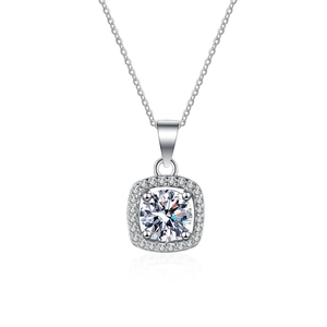 Elegant S925 sterling silver necklace with square halo pendant and round cut moissanite stone