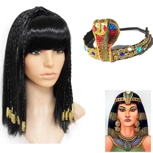 Golden Egyptian Cleopatra snake headpiece set with black braided wig for Halloween cosplay