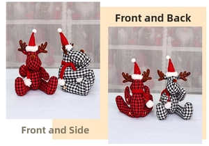 Macro detail of red and black plaid Christmas reindeer plush with festive scarf and hat