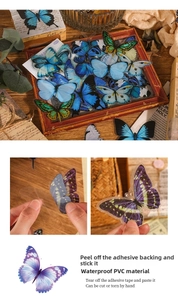 Detail showing waterproof vintage butterfly PET stickers with self-adhesive backing
