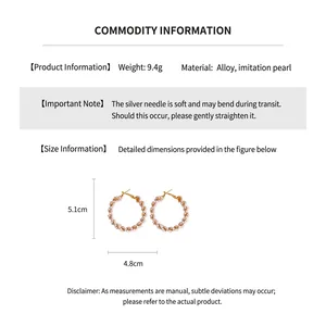 Detailed size specifications for pearl hoop earrings featuring silver needles and alloy