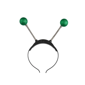 Detail of green sequin alien antenna headband with silver spring coils for costume