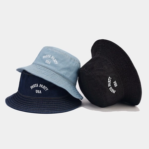 Retro Denim Bucket Hat Cotton Letter Embroidery Sun Protection Outdoor Casual Fishing Cap For Men Women