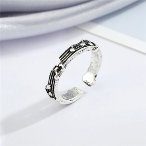 Retro musical note and staff embossed silver adjustable open ring for men and women
