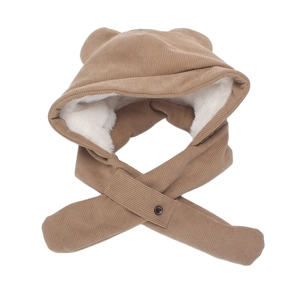 Winter-Kinder-Kapuzenschal aus Cord in Khaki mit warmem Kunstfellfutter und süßen Ohren