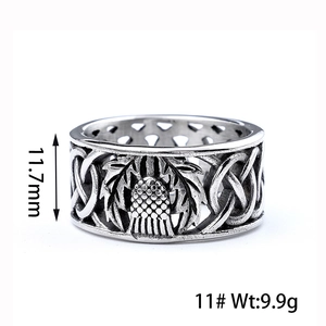 Vintage Celtic knot and thistle pattern stainless steel wide band ring in silver finish