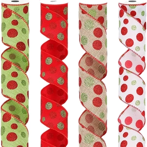 Polka dot Christmas ribbons with wire edge and glitter texture in four festive color patterns